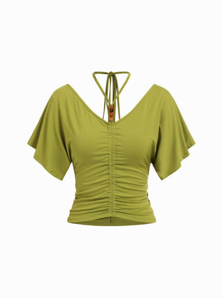 V-neck Ruffle Sleeve Ruched Halter Top