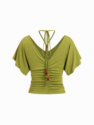 V-neck Ruffle Sleeve Ruched Halter Top