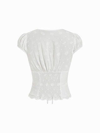 Cotton Broderie Anglaise Puff Sleeve Bowknot Blouse