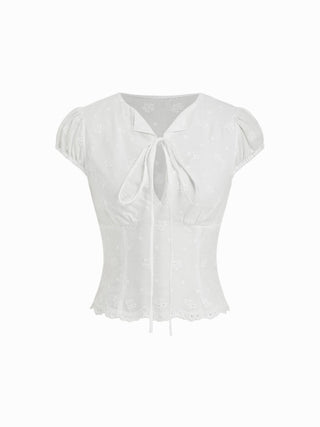 Cotton Broderie Anglaise Puff Sleeve Bowknot Blouse