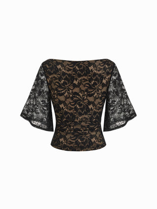 Lace Floral Boat Neck Bell Sleeve Lined Top