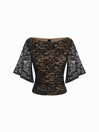 Lace Floral Boat Neck Bell Sleeve Lined Top