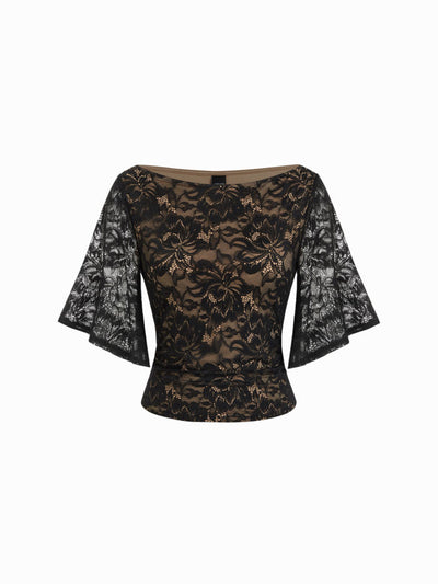 Lace Floral Boat Neck Bell Sleeve Lined Top