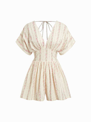 Cotton-Blend Ditsy Floral V-neck Dolman Sleeve Shirred Romper
