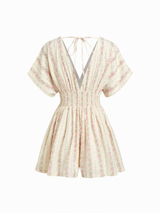 Cotton-Blend Ditsy Floral V-neck Dolman Sleeve Shirred Romper