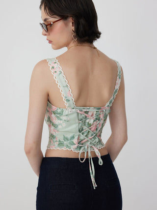 Linen-blend Floral Square Neck Lace Trim Corset Tank Top
