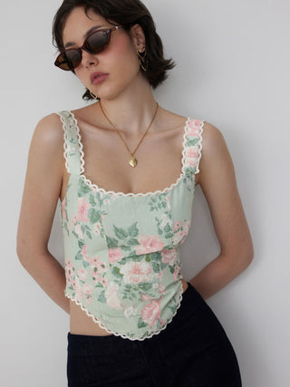 Linen-blend Floral Square Neck Lace Trim Corset Tank Top