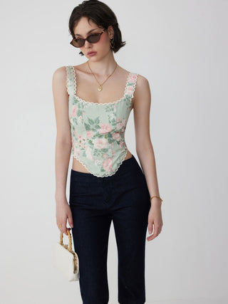Linen-blend Floral Square Neck Lace Trim Corset Tank Top