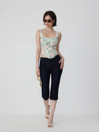Linen-blend Floral Square Neck Lace Trim Corset Tank Top