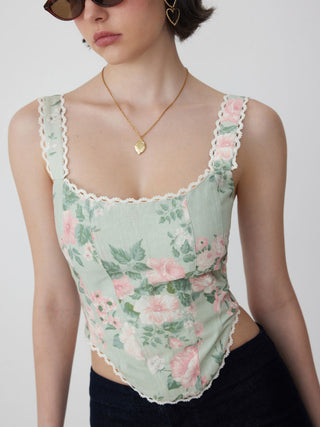 Linen-blend Floral Square Neck Lace Trim Corset Tank Top