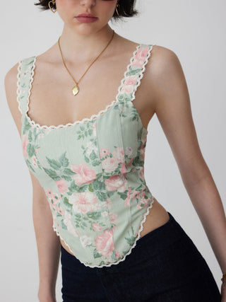 Linen-blend Floral Square Neck Lace Trim Corset Tank Top