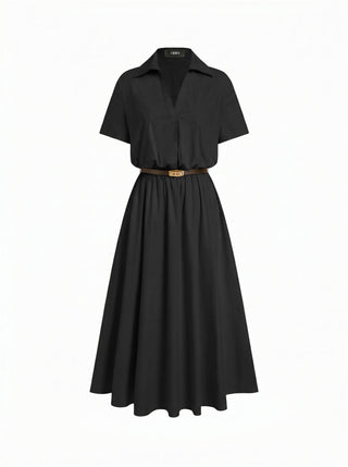 Cotton-blend Collar Shirt Maxi Dress With Metal Detail Belt