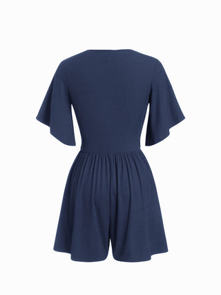 Textured V-neck Ruched Mid Rise Bell Sleeve Romper