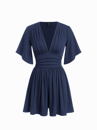 Textured V-neck Ruched Mid Rise Bell Sleeve Romper