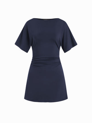 Boat Neck Short Sleeve Ruched A-line Mini Dress