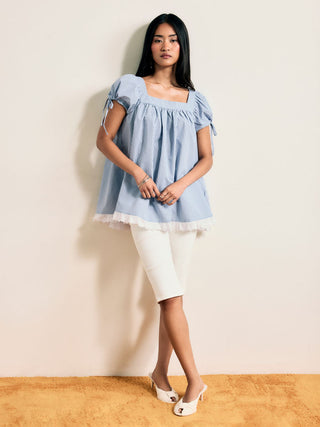 Square Neck Solid Ruffle Knotted Short Sleeve Blouse
