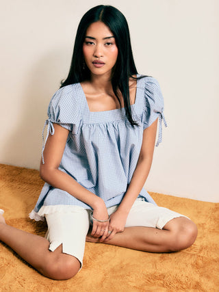 Square Neck Solid Ruffle Knotted Short Sleeve Blouse