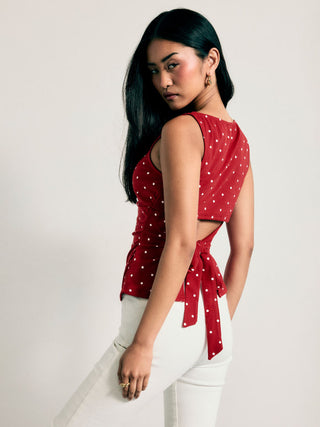 Cotton-blend Boat Neck Knotted Polka Dot Ruched Tank Top