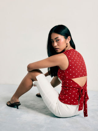 Cotton-blend Boat Neck Knotted Polka Dot Ruched Tank Top
