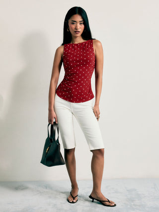 Cotton-blend Boat Neck Knotted Polka Dot Ruched Tank Top