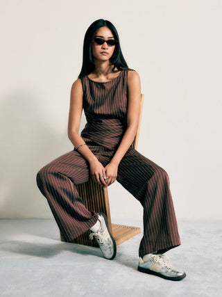 Boat Neck Striped Wrap Knotted Top & Mid Rise Straight Leg Trousers Set