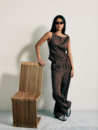 Boat Neck Striped Wrap Knotted Top & Mid Rise Straight Leg Trousers Set