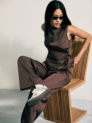 Boat Neck Striped Wrap Knotted Top & Mid Rise Straight Leg Trousers Set