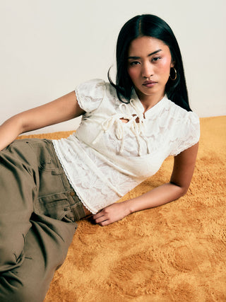 Lace Floral Stand Collar Bowknot Short Sleeve Top