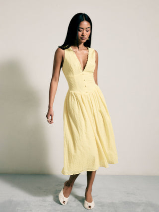 Woven Cotton-blend Sculptural V-neck Broderie Anglaise Floral Lace Trim Button Midi Dress For Vacation