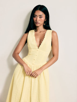 Woven Cotton-blend Sculptural V-neck Broderie Anglaise Floral Lace Trim Button Midi Dress For Vacation