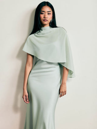 Satin High Neck Cape Sleeve Maxi Dress