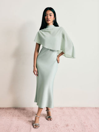 Satin High Neck Cape Sleeve Maxi Dress