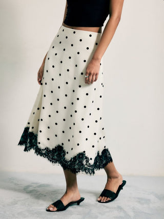 Satin Mid Rise Polka Dot Lace Trim A-line Midi Skirt