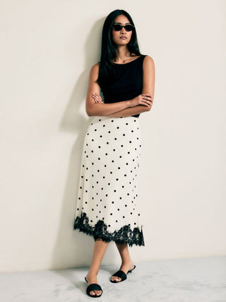 Satin Mid Rise Polka Dot Lace Trim A-line Midi Skirt
