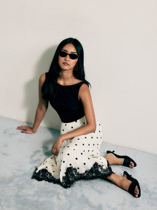 Satin Mid Rise Polka Dot Lace Trim A-line Midi Skirt
