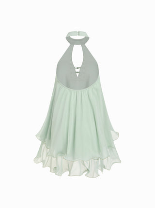 Chiffon Stand Collar Cut Out Ruffle Hem Oversized Smock Mini Dress