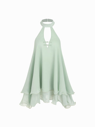 Chiffon Stand Collar Cut Out Ruffle Hem Oversized Smock Mini Dress