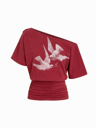 Cotton-blend Bird Graphic Asymmetrical Neck Ruched Tee