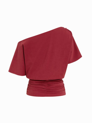 Cotton-blend Bird Graphic Asymmetrical Neck Ruched Tee