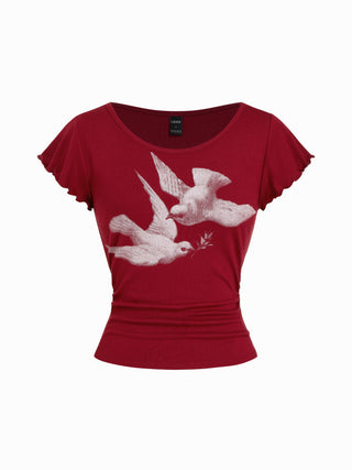 Bird Graphic Boat Neck Ruffle Sleeve Tee