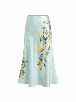 Satin Mid Rise Fruit Graphic Mermaid Midi Skirt