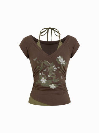 Cotton-blend Halter Neckline Graphic Two Tone Ruched Top