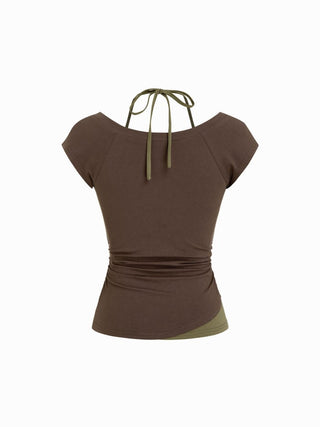 Cotton-blend Halter Neckline Graphic Two Tone Ruched Top