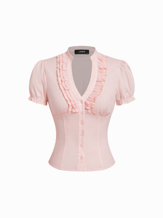 Cotton-blend V-neck Lettuce Trim Short Sleeve Blouse
