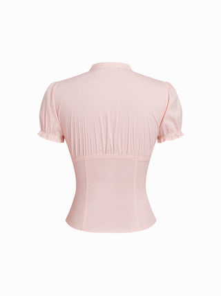 Cotton-blend V-neck Lettuce Trim Short Sleeve Blouse