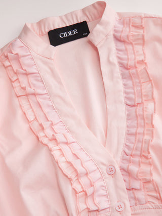 Cotton-blend V-neck Lettuce Trim Short Sleeve Blouse