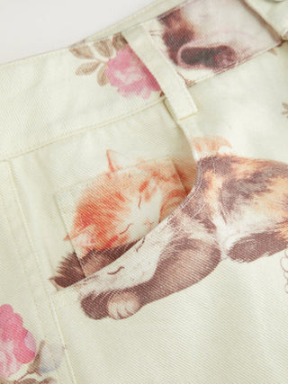Cotton Mid Rise Fruit Cat Graphic Barrel-leg Trousers