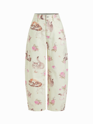 Cotton Mid Rise Fruit Cat Graphic Barrel-leg Trousers