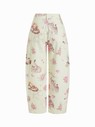 Cotton Mid Rise Fruit Cat Graphic Barrel-leg Trousers