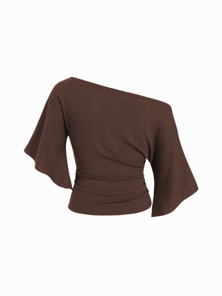 Boat Neck Mid-length Bell Sleeve Ruched Tee